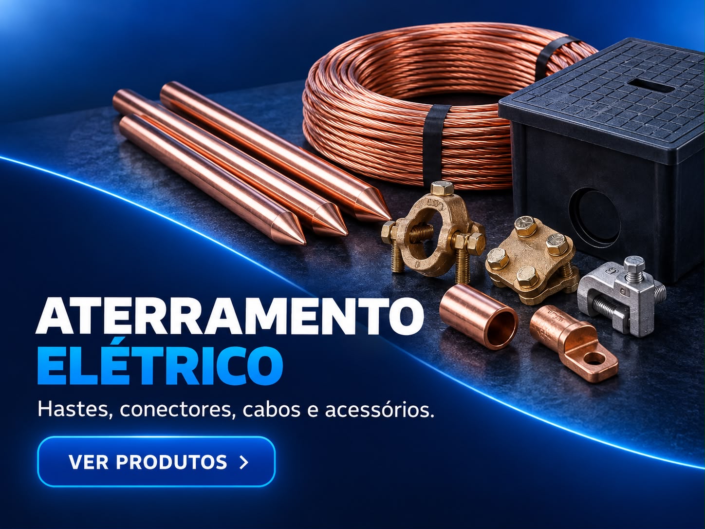 Hastes, conectores, cabos e acessórios para aterramento elétrico